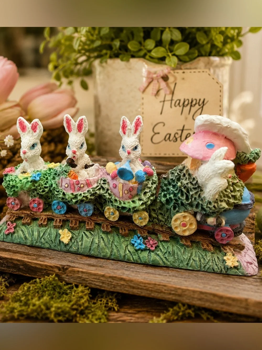 Vintage Nobel Hall Handpainted Bunny Train Figurine Easter Decor 4x2”